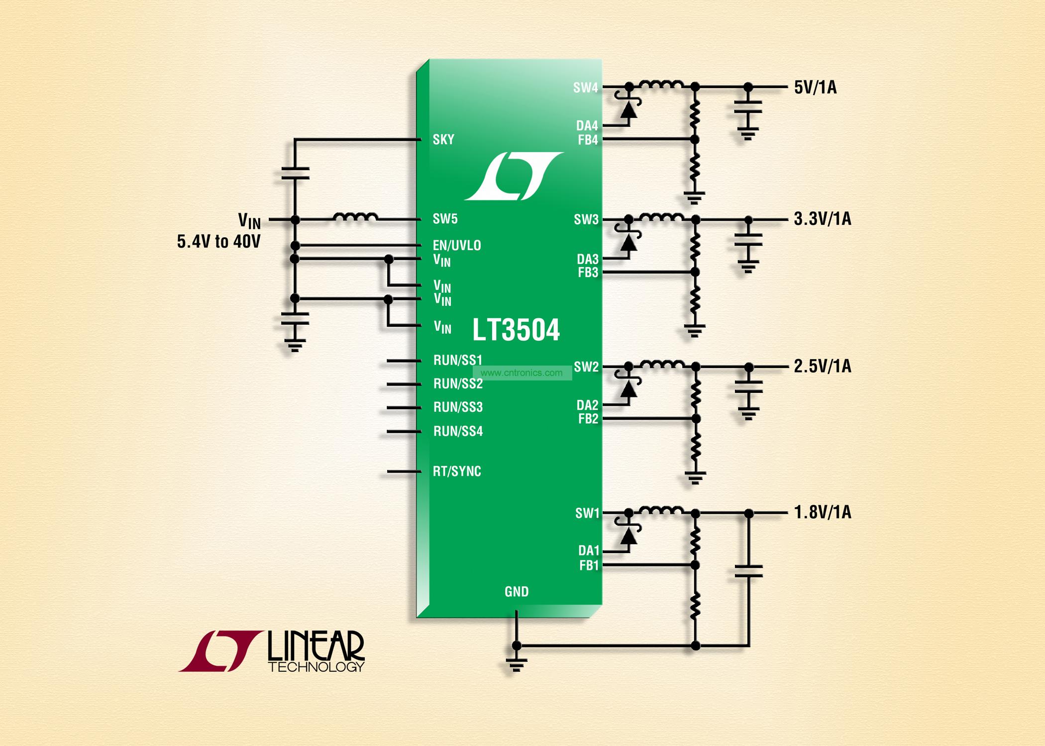 40V、4 通道 1A (IOUT)、2.2MHz 降壓型 DC/DC 轉換器