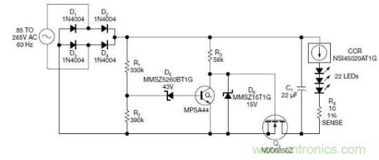 圖1：電路以恒流驅動一串LED，可用于全世界的各種交流電壓