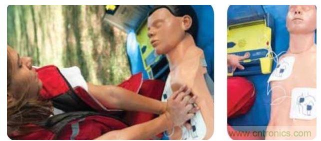 胸部按壓CPR(左圖)迫使血液循環(huán)，為大腦及其它生命器官供血，直到AED重啟心臟(右圖)。