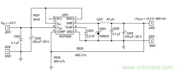 Buck電路應(yīng)用實(shí)例-輸入9～12V，輸出3.3V 800mA電路