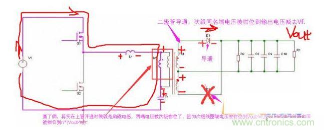 上管開通，注意諧振電感、勵磁電感、諧振電容的正負