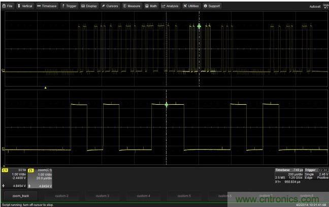 使用CustomDSO運行VB腳本“zoom_Track.lss”。當(dāng)腳本運行時，縮放波形的中心將跟蹤水平的光標(biāo)絕對位置。從圖中可以看出，光標(biāo)將永遠位于縮放波形Z1的中心