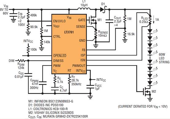 LT3761 LED驅動器精確的PWM LED調(diào)光功能